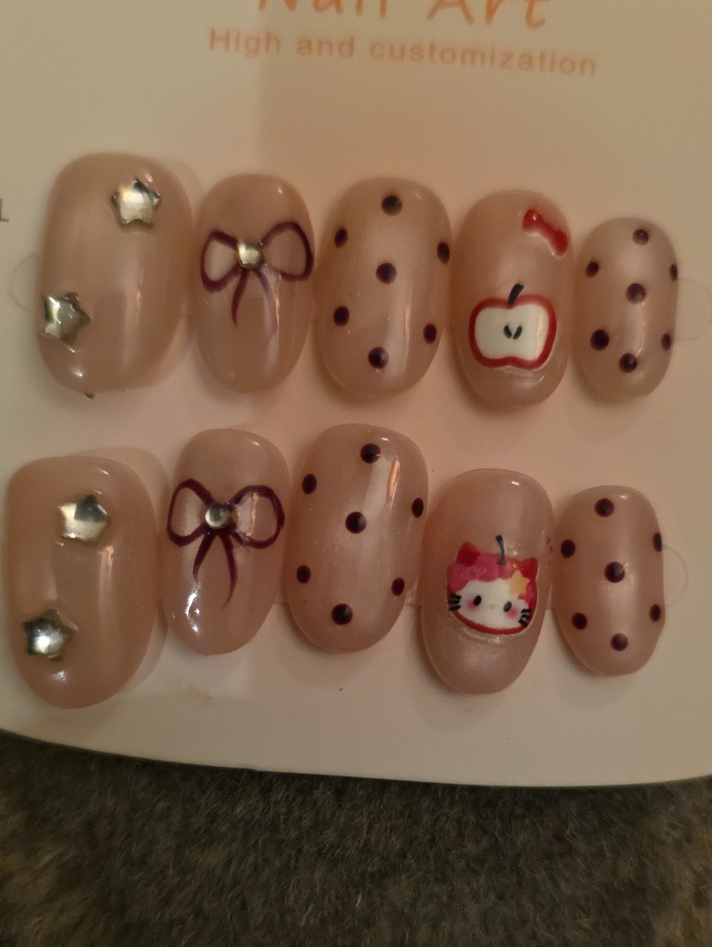Cute Nude Pink Polka Dot Kids Press-On Nail Set with Bows & Apple Design Med